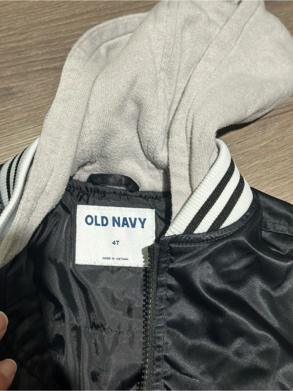 Old Navy Black Jacket with White Hood and Striped Collar